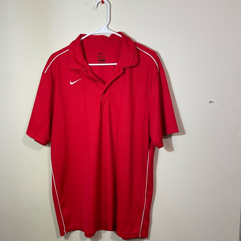 Nike Polo Men’s Large‎ Dri Fit Red Polo white stripe down shoulder side NWOT
